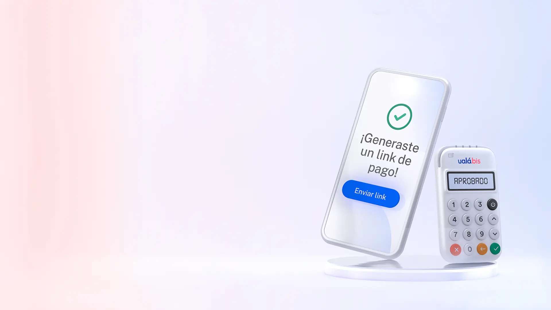 Imagen del celular mostrando la App de Ualá Bis con un link de pago y el lector de tarjetas.